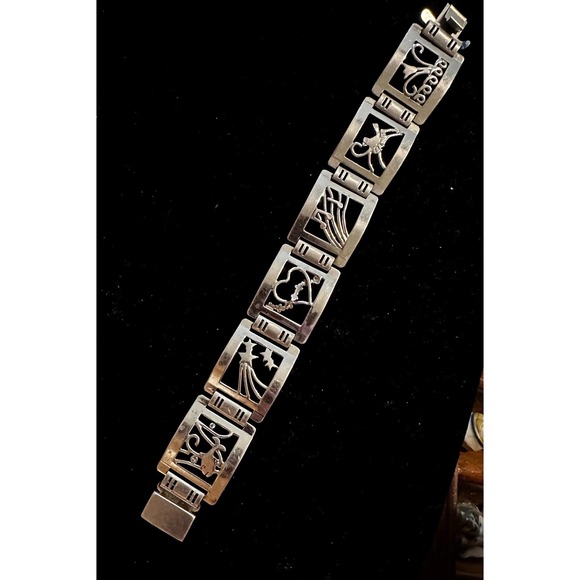 Jewelry - 1940's Sterling Silver Picture Panel Bracelet Love Music Nature Celestrial